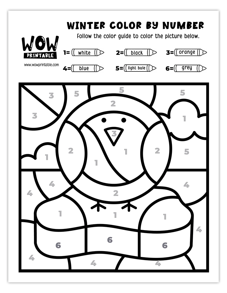 Fun and cute penguin color by number worksheet ideal for kids' winter activities and creativity.