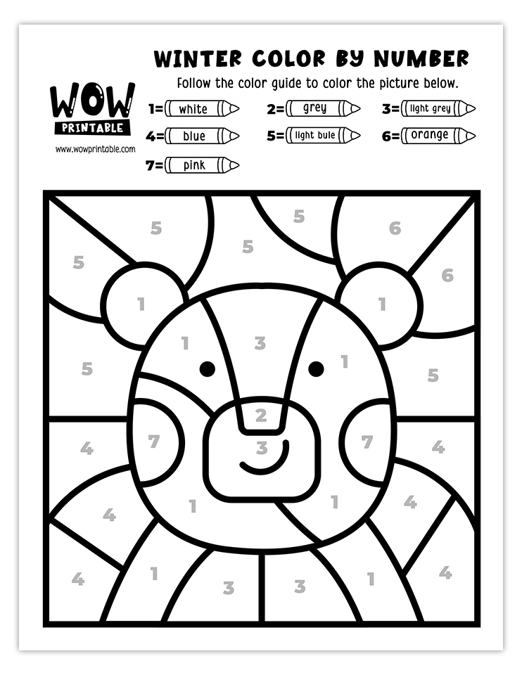 Cute polar bear color by number worksheet with a snowy winter theme, perfect for kids' creative fun.