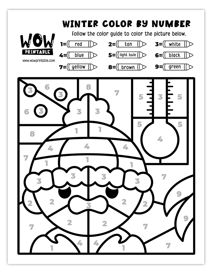 Cute bundled-up child in winter gear color by number worksheet, perfect for kids' seasonal creativity and learning.