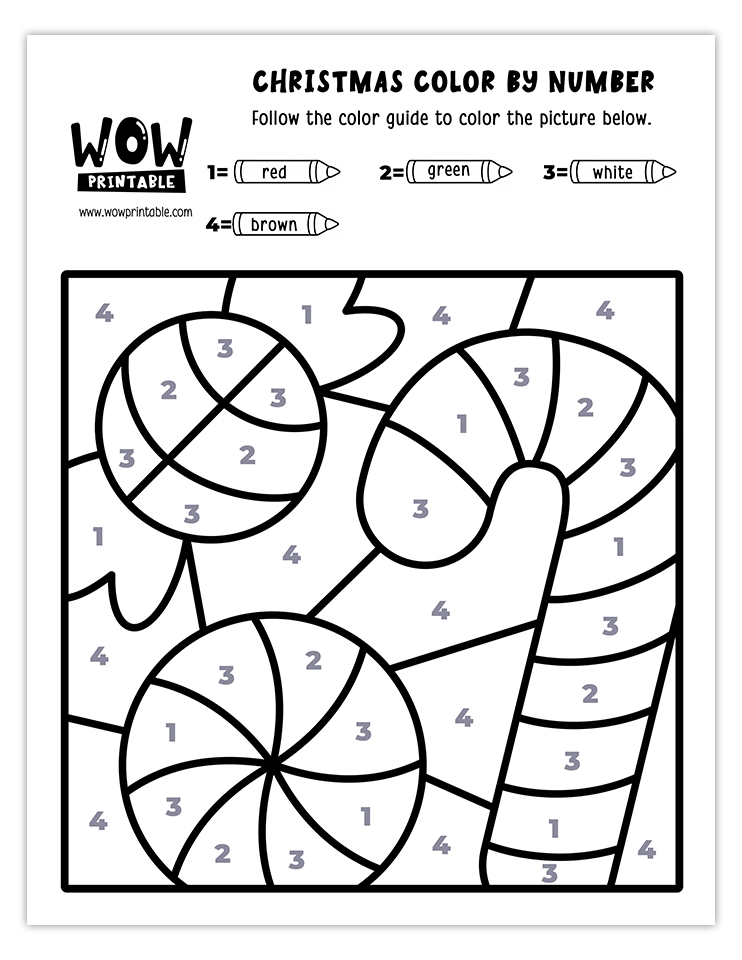 Color by number worksheet with candy canes and peppermint candies featuring holiday colors like red, green, white, and brown.