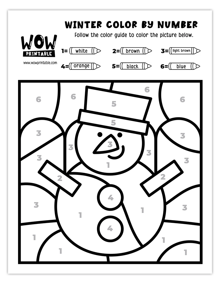 Delightful snowman color by number worksheet perfect for kids' winter activities and creative play.