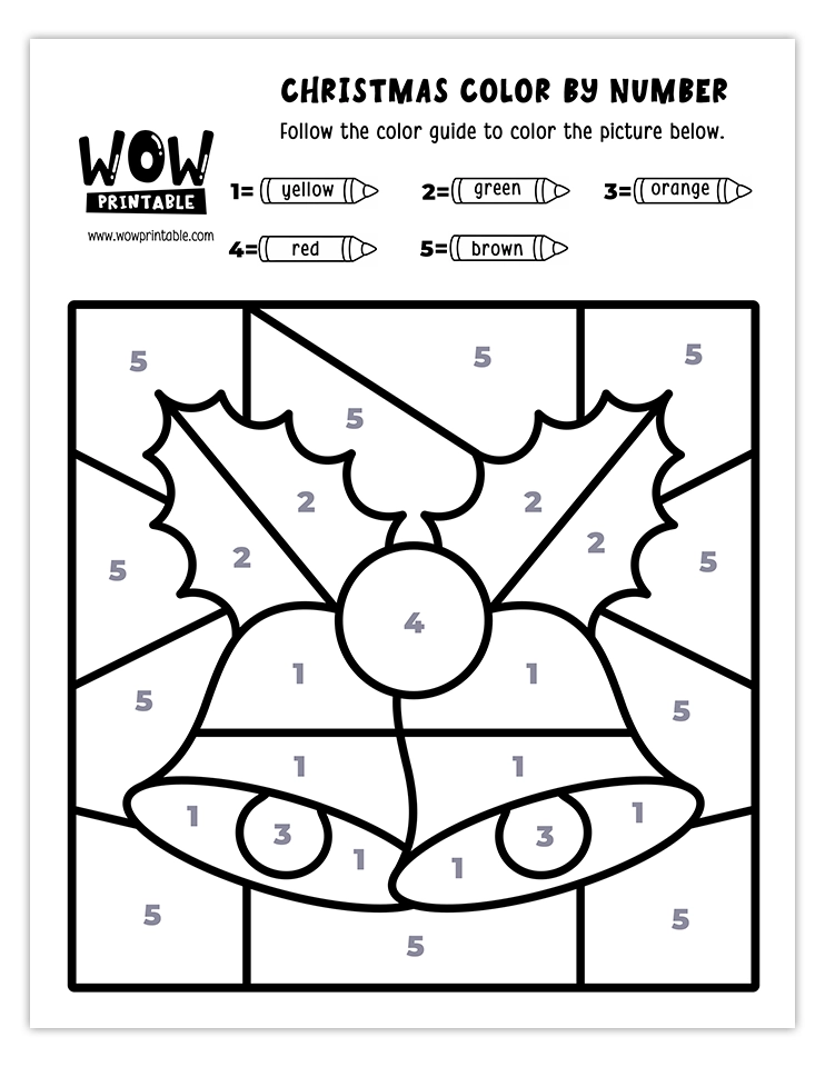 Color by number worksheet featuring Christmas bells with holly leaves and vibrant colors like yellow, green, red, orange, and brown.