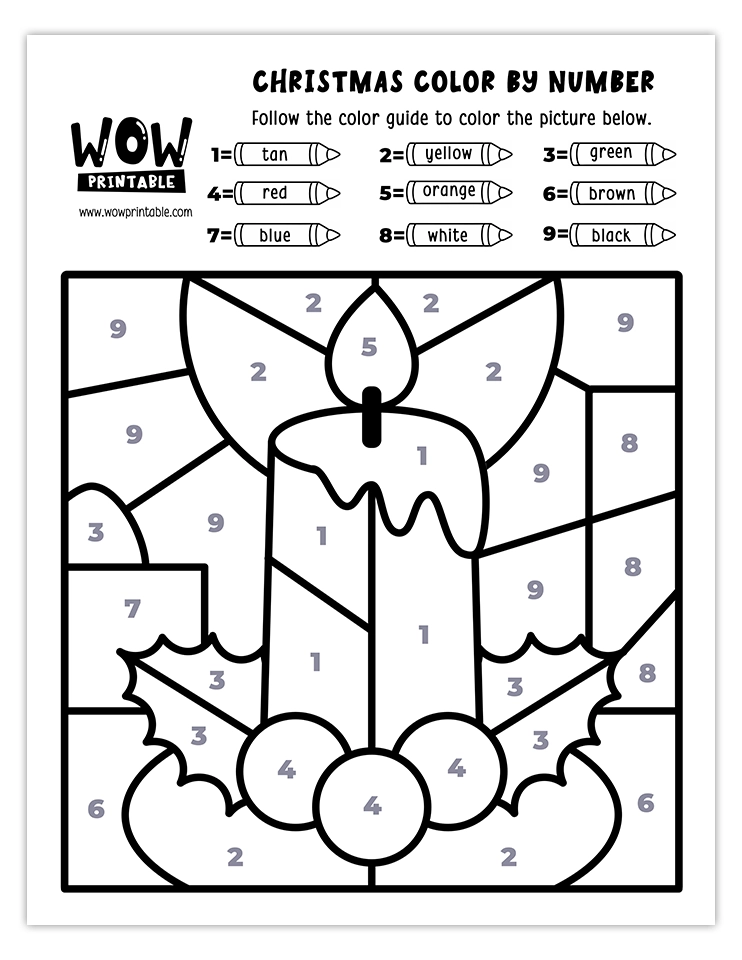 Color by number worksheet featuring a glowing Christmas candle with festive colors like tan, red, green, yellow, orange, and black.