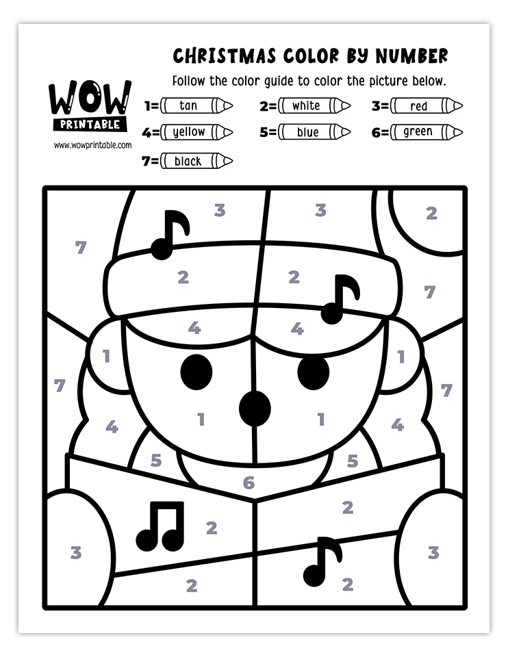 Color by number worksheet featuring a Christmas caroler with festive colors like red, white, yellow, green, blue, and black.