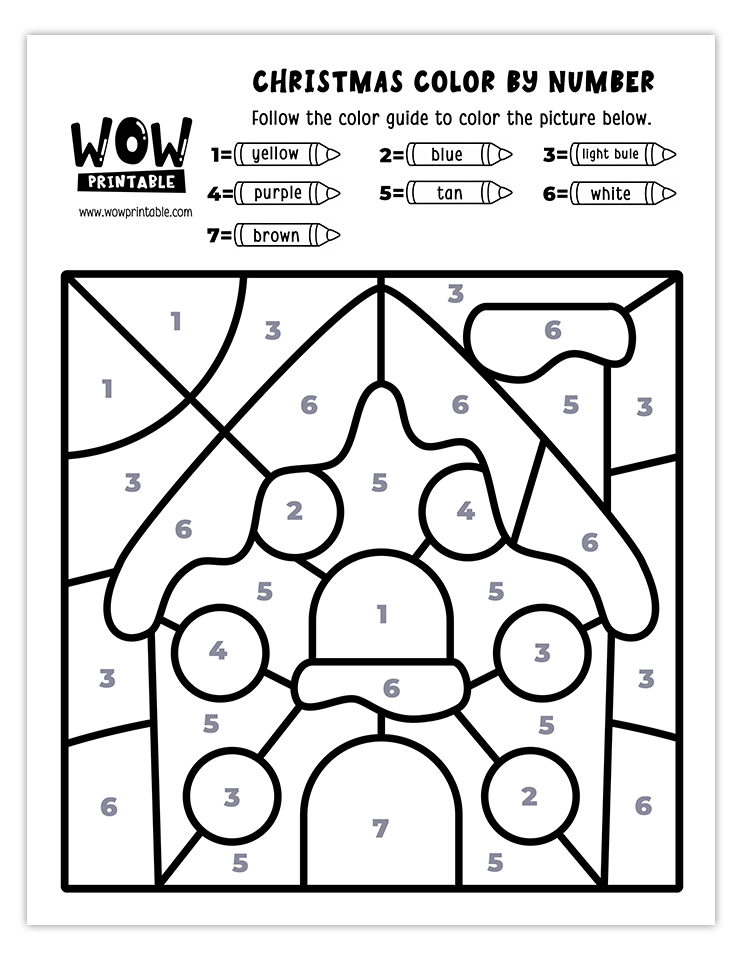 Color by number worksheet featuring a Christmas gingerbread house with bright holiday colors like yellow, blue, purple, tan, and white.