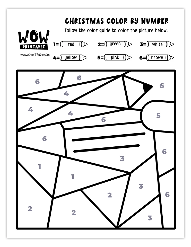 Color by number worksheet featuring a Christmas letter and pencil with festive colors like red, green, yellow, white, pink, and brown.