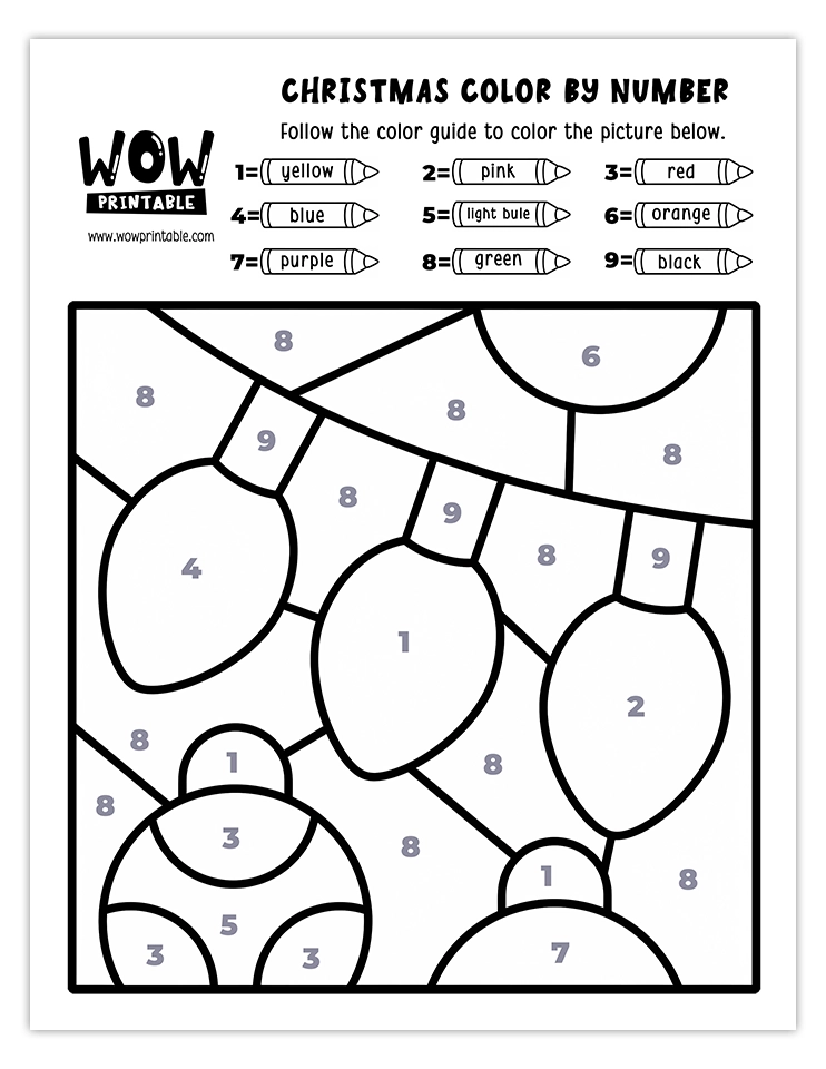 Color by number worksheet featuring colorful Christmas lights with festive colors like yellow, pink, red, blue, green, and purple.