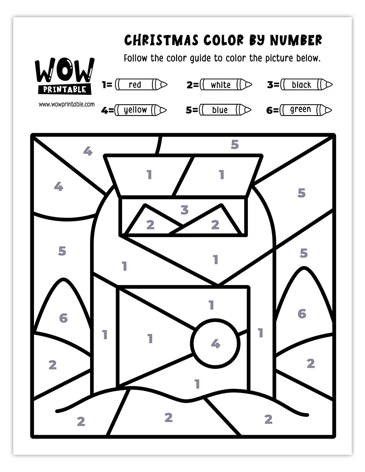 Color by number worksheet featuring a Christmas mailbox with festive colors like red, white, yellow, green, and blue.