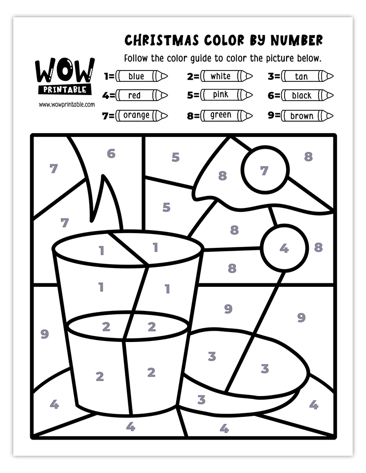 Color by number worksheet featuring milk, cookies, and holiday decorations with festive colors like blue, red, green, white, and orange.