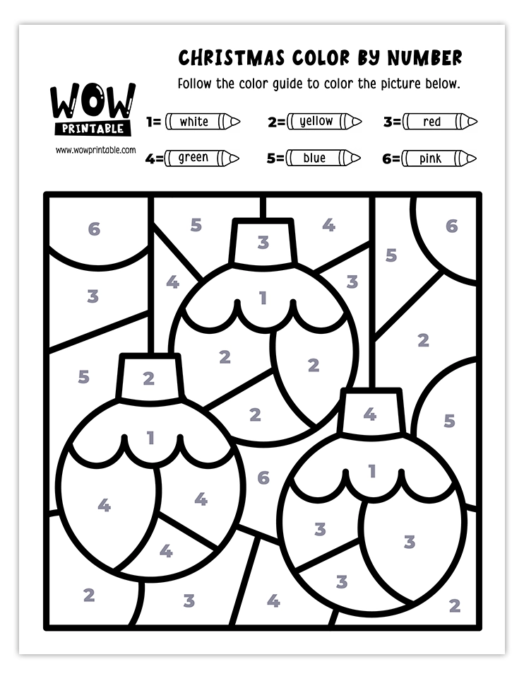 Color by number worksheet with Christmas ornaments featuring vibrant colors like red, green, yellow, blue, white, and pink.