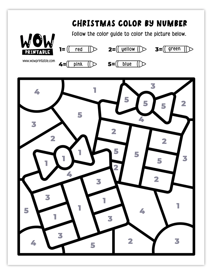 Color by number worksheet with Christmas presents featuring festive colors like red, green, yellow, pink, and blue.