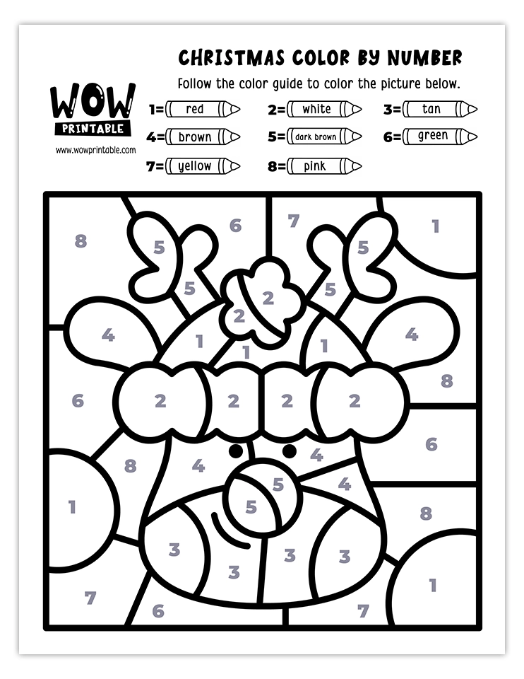 Color by number worksheet featuring a festive Christmas reindeer with red, green, brown, and white for a holiday-themed activity.