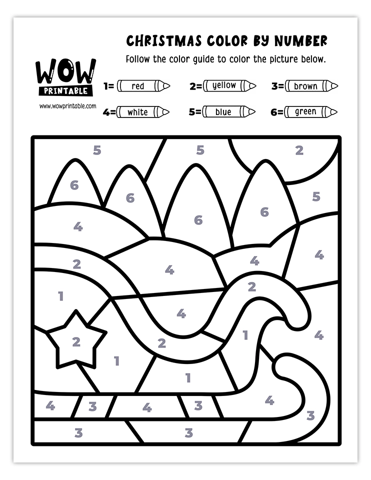 Color by number worksheet featuring a festive Christmas sleigh with bright colors like red, yellow, green, blue, white, and brown.