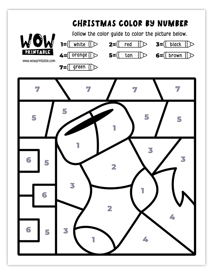 Color by number worksheet featuring a festive Christmas stocking with colors like red, white, orange, green, tan, and brown.