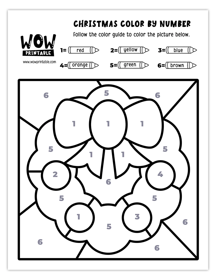 Color by number worksheet featuring a festive Christmas wreath with colors like red, green, yellow, blue, orange, and brown.