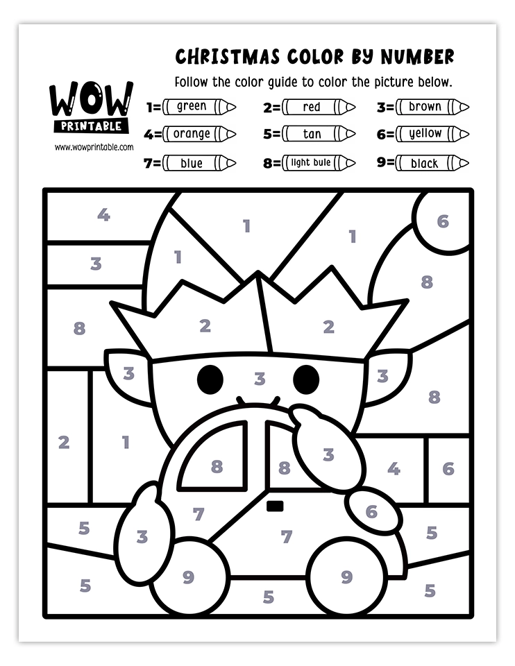 Color by number worksheet featuring a cute Christmas elf with a car in festive colors like red, green, blue, yellow, and orange.