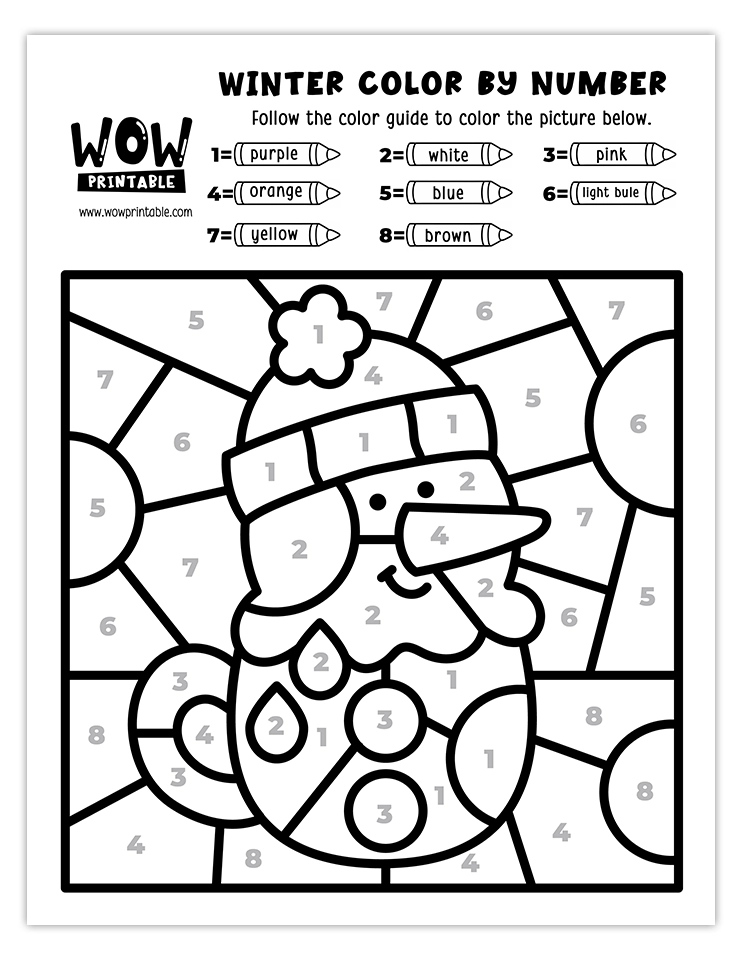 Vibrant snowman color by number worksheet with playful patterns and colors, perfect for kids' winter creativity.