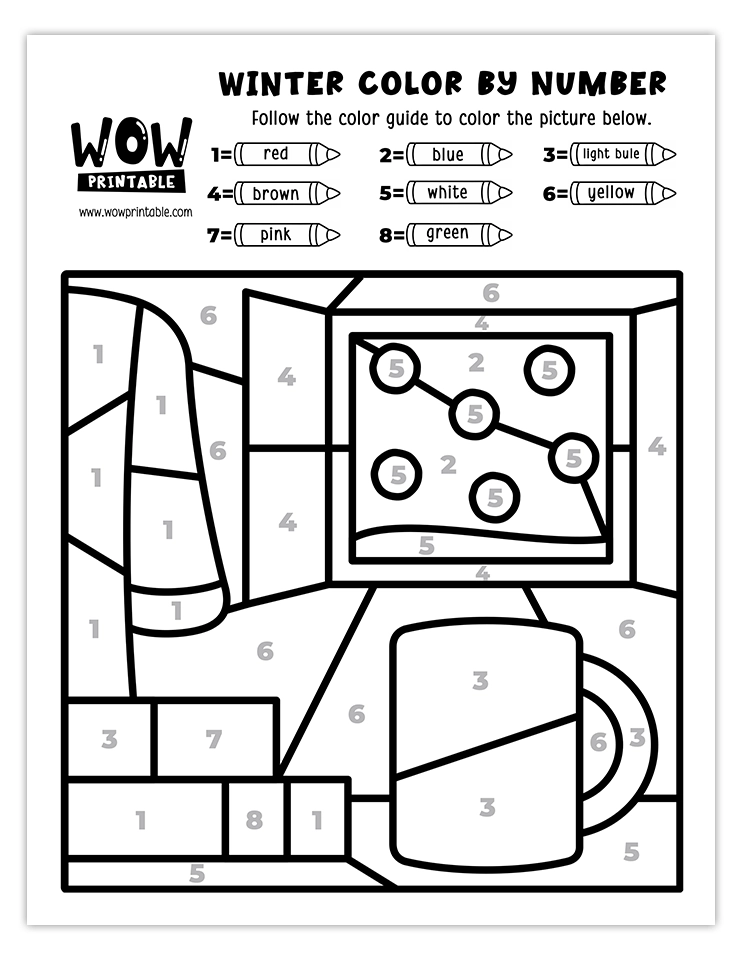 Relaxing indoor winter scene color by number worksheet featuring a warm mug and snowy window, perfect for kids' seasonal creativity.