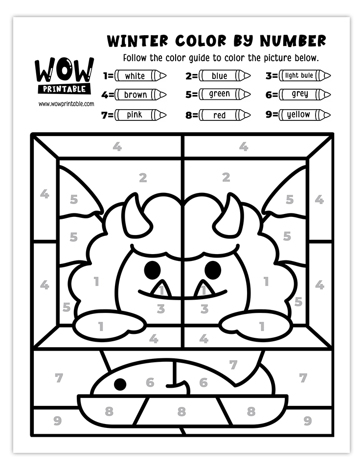 Charming winter yeti color by number worksheet with bright colors, perfect for kids' holiday creativity and fun.