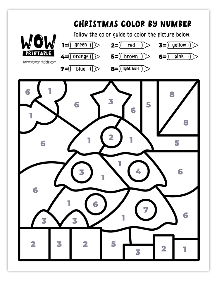 Color by number worksheet featuring a decorated Christmas tree with festive ornaments and gifts in colors like green, red, yellow, blue, and pink.