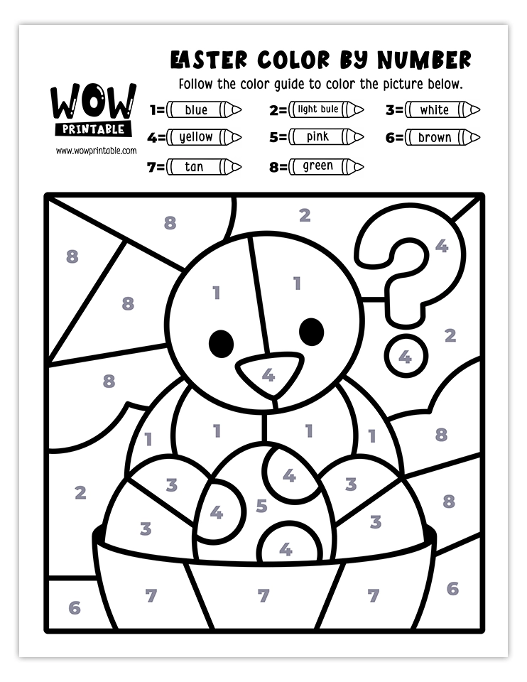 Adorable Easter bird and egg color by number worksheet with vibrant colors and a question mark for a fun and creative holiday activity.