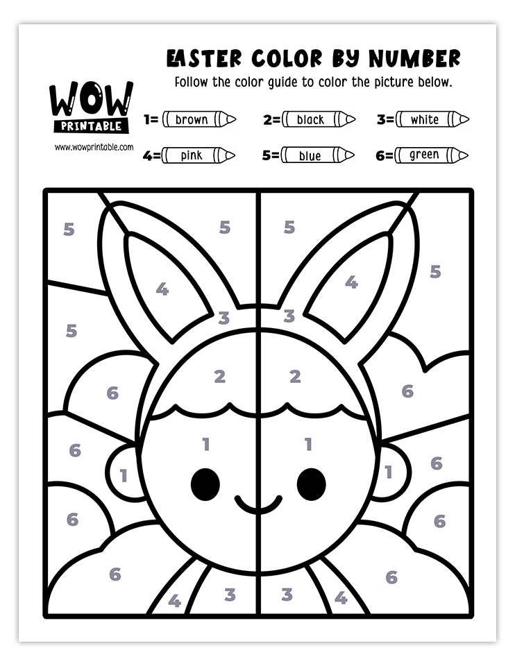 Adorable Easter bunny ears color by number worksheet featuring vibrant spring colors and a cute design to engage kids in holiday fun.