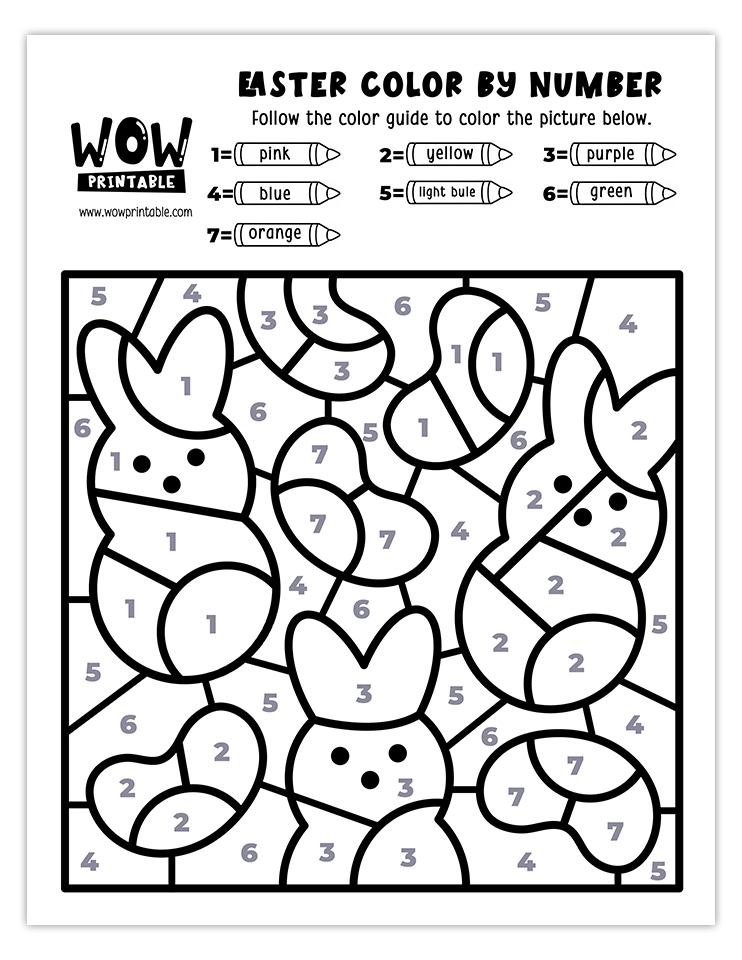 Colorful Easter bunny peeps color by number worksheet perfect for kids, featuring vibrant spring colors and easy-to-follow number guides.