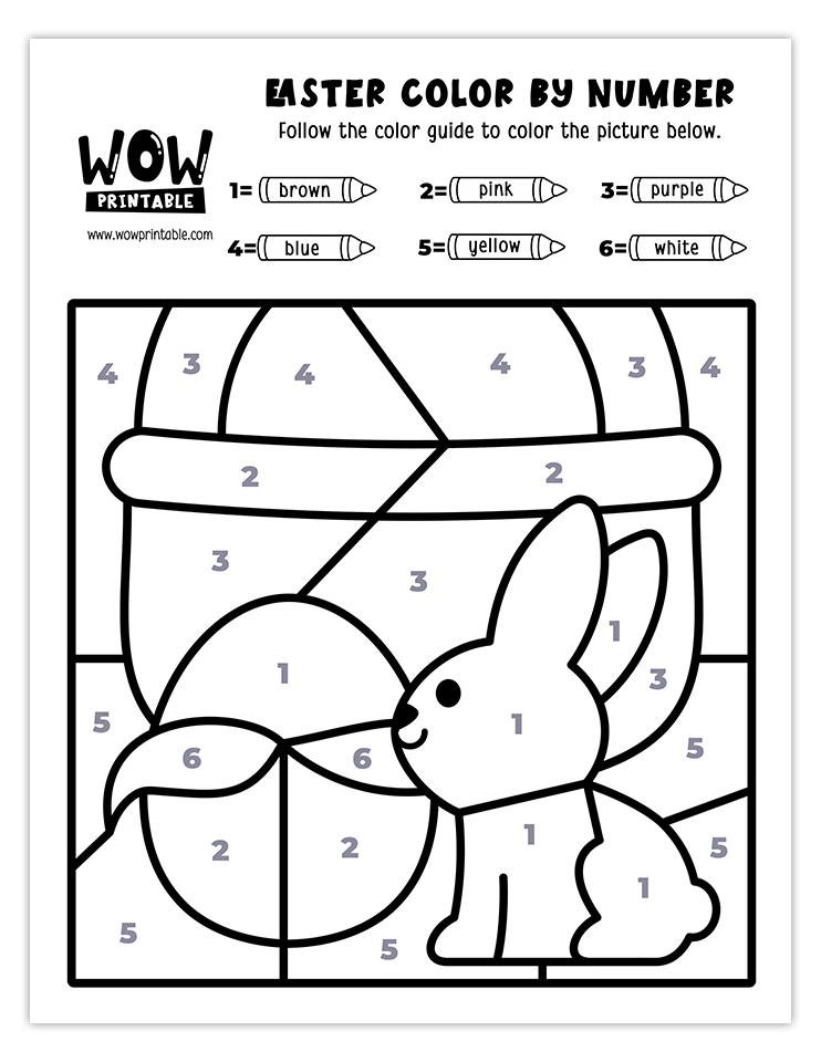 Adorable Easter bunny and egg color by number worksheet featuring vibrant spring colors for a fun and creative kids' holiday activity.