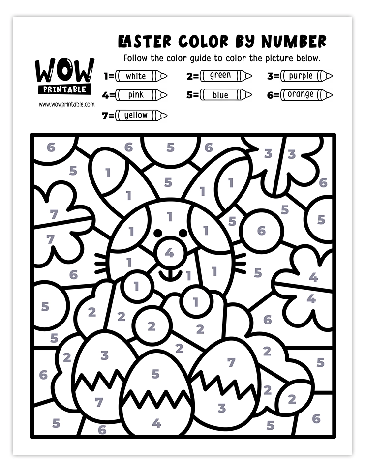 Charming Easter bunny and eggs color by number worksheet with vivid spring colors, perfect for creative kids' activities this holiday season.