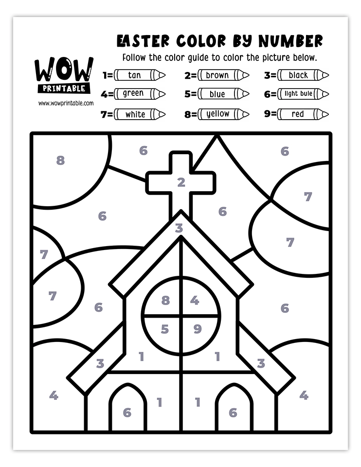 Beautiful Easter church color by number worksheet featuring a stained glass window and bright springtime colors for a meaningful activity.