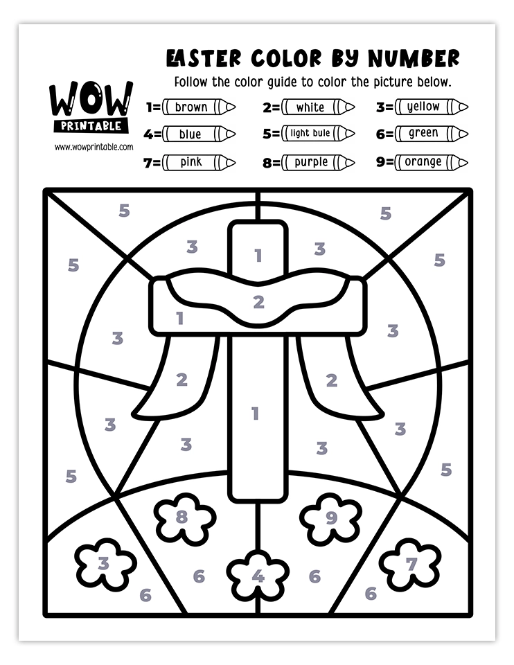 Inspirational Easter cross color by number worksheet with bright spring flowers and a sunlit background to engage kids in meaningful holiday crafts.