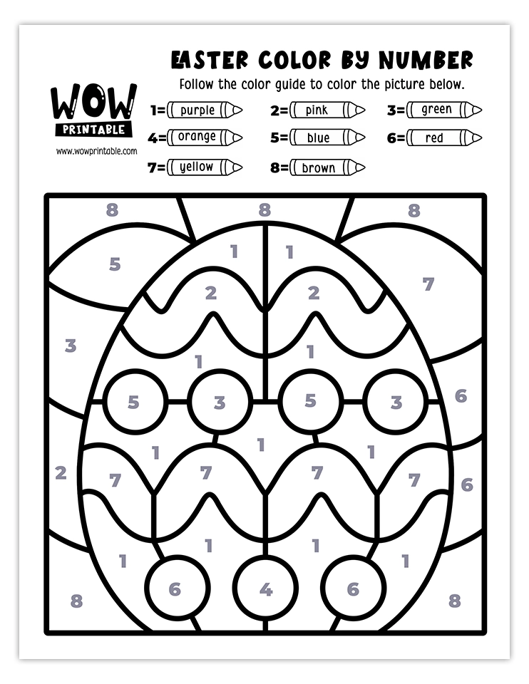 Bright and festive decorative Easter egg color by number worksheet featuring intricate patterns and vibrant colors for a fun holiday activity.