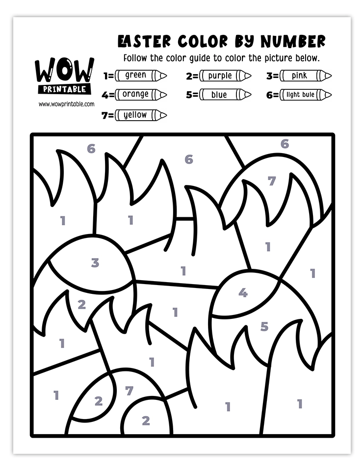 Vibrant Easter eggs hidden in grass color by number worksheet with cheerful springtime colors for a fun and creative kids' activity.