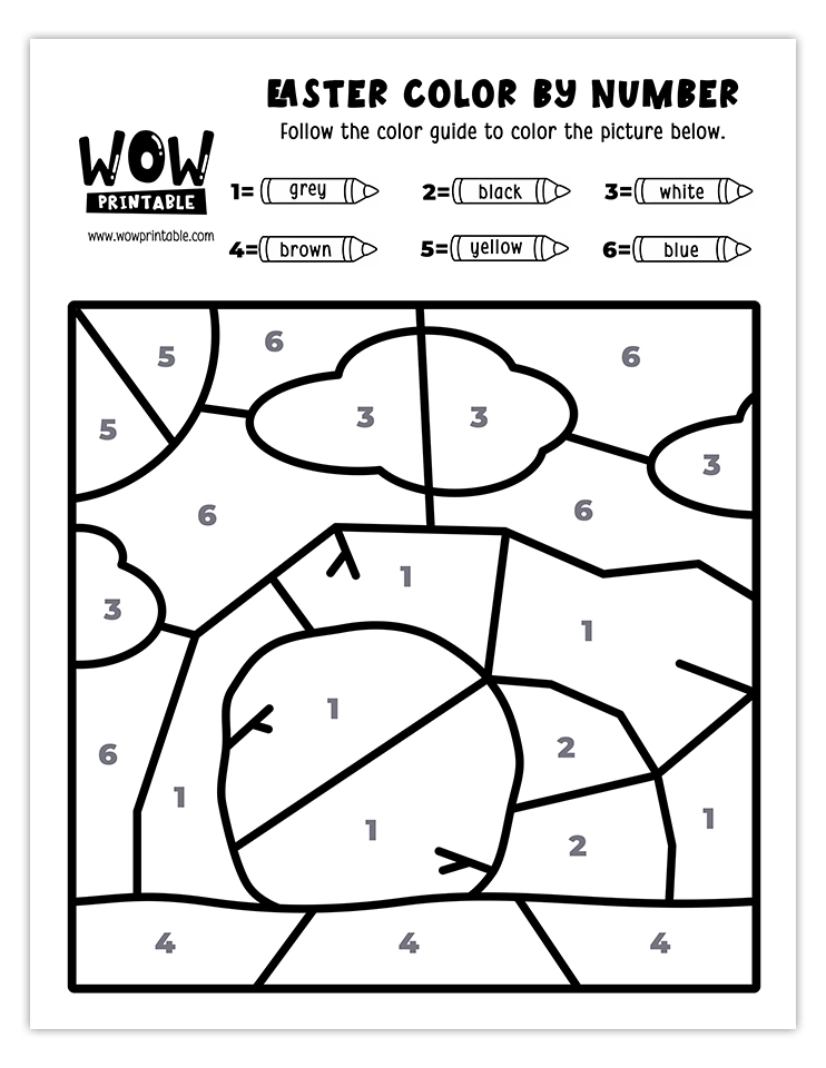 Meaningful Easter Empty Tomb color by number worksheet depicting a stone tomb with springtime colors to teach kids about the holiday's message.