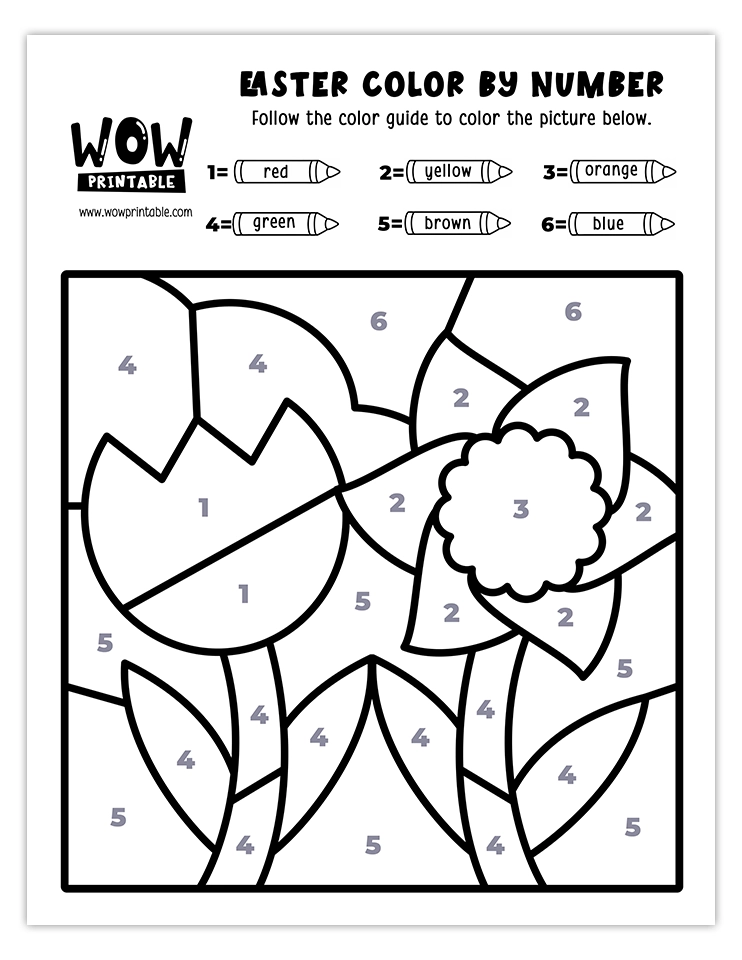 Bright and cheerful Easter Garden color by number worksheet featuring tulips and daffodils, perfect for a creative Easter-themed activity.