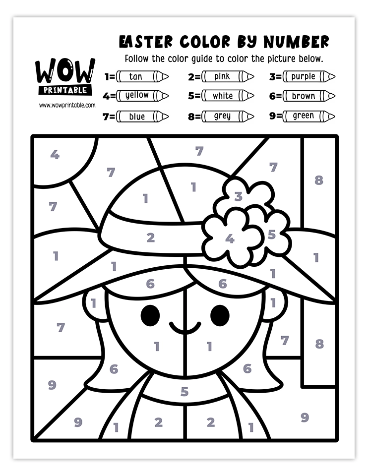 Adorable Easter girl color by number activity with springtime pastel colors, perfect for engaging kids in fun and creative holiday crafts.