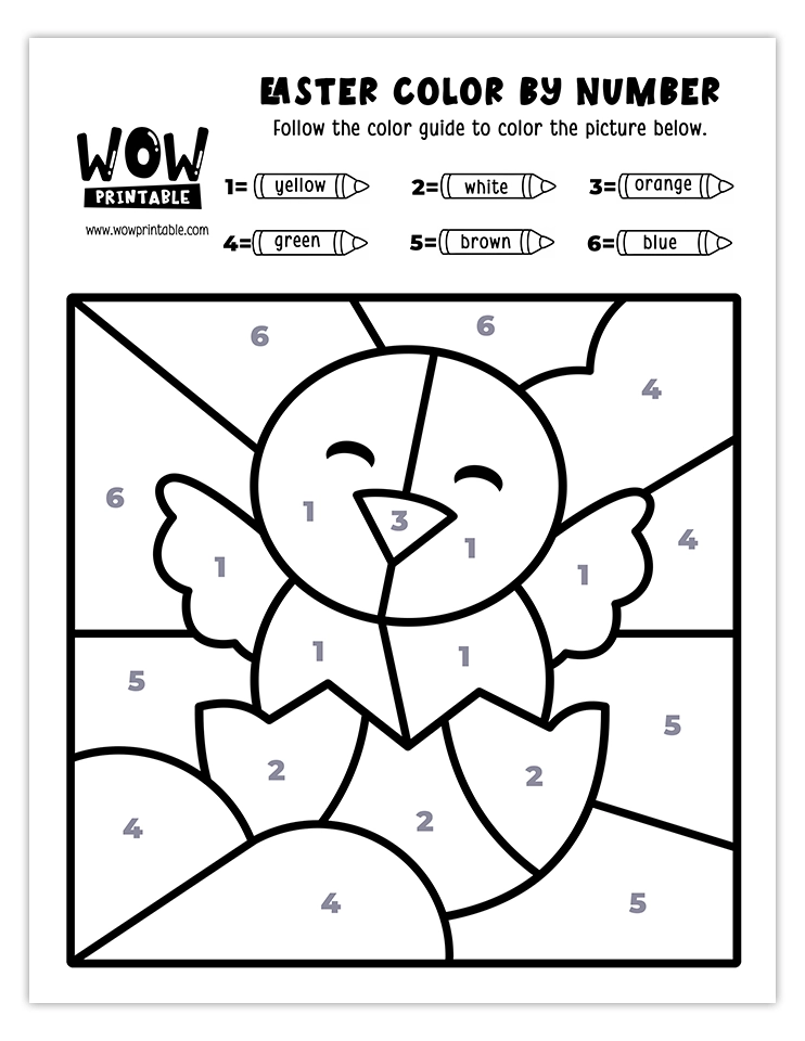 Adorable hatching Easter chick color by number worksheet with vibrant colors and a cheerful springtime theme for kids' creativity.