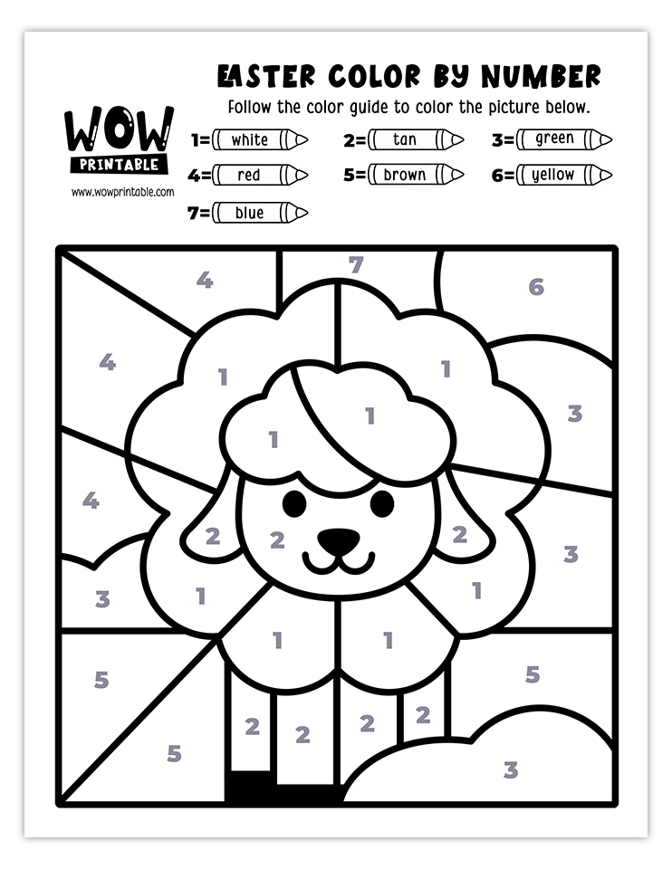 Adorable Easter lamb color by number worksheet featuring soft springtime colors, perfect for creative and relaxing holiday fun for kids.