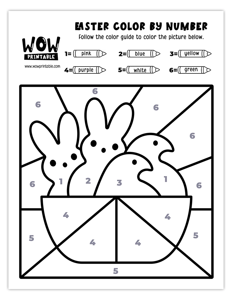 Cute Easter peeps basket color by number worksheet featuring bright pastel colors and adorable bunny and chick shapes for kids to enjoy.