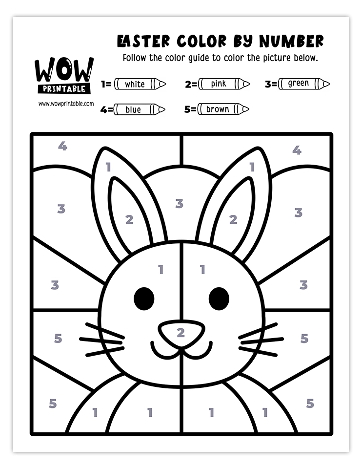 Cute smiling Easter bunny color by number worksheet with vibrant spring colors, perfect for a fun and creative kids' holiday activity.