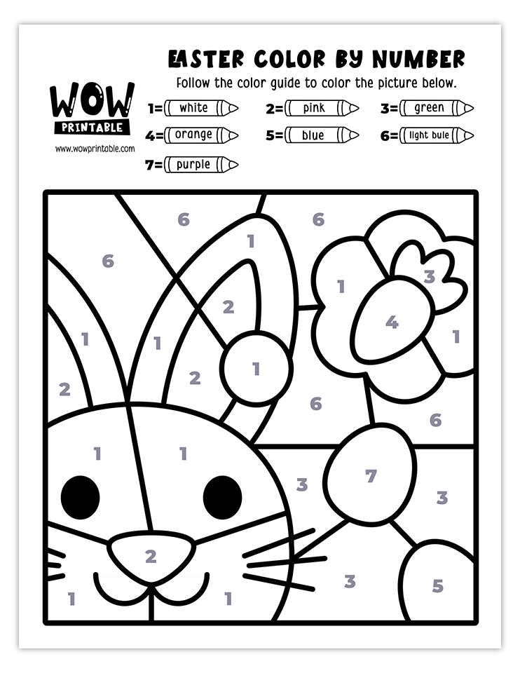 Fun Easter bunny, carrot, and eggs color by number worksheet with vibrant colors and a cheerful springtime theme for kids to enjoy.