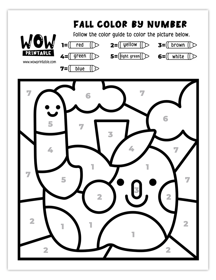 Fun apple and worm color by number activity for kids.