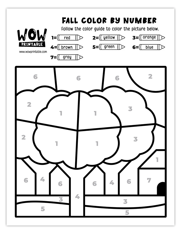 Vibrant autumn trees color by number activity for kids this fall.