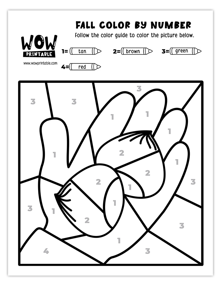 Unique hand with acorns color by number activity for kids in fall.