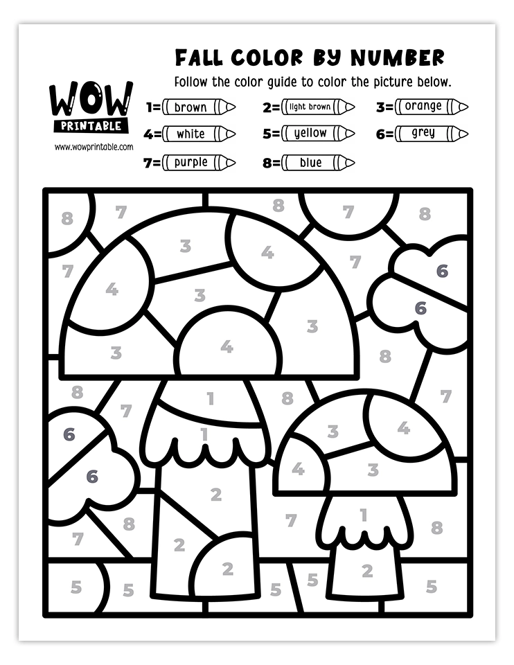 Charming mushroom scene color by number activity for kids this fall.