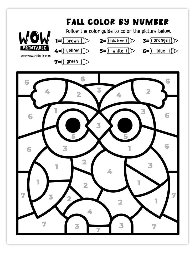 Cute owl color by number activity for kids to enjoy this fall.