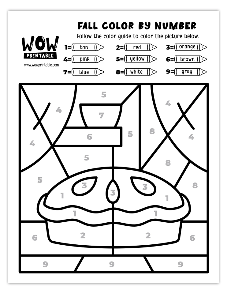 Delicious pie color by number activity for kids during fall.