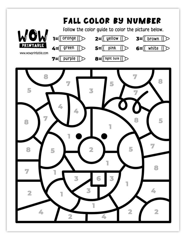 Fun pumpkin face color by number activity for autumn.