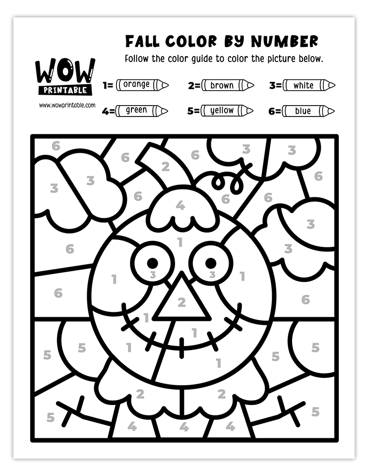 Playful pumpkin scarecrow color by number activity for kids in autumn.