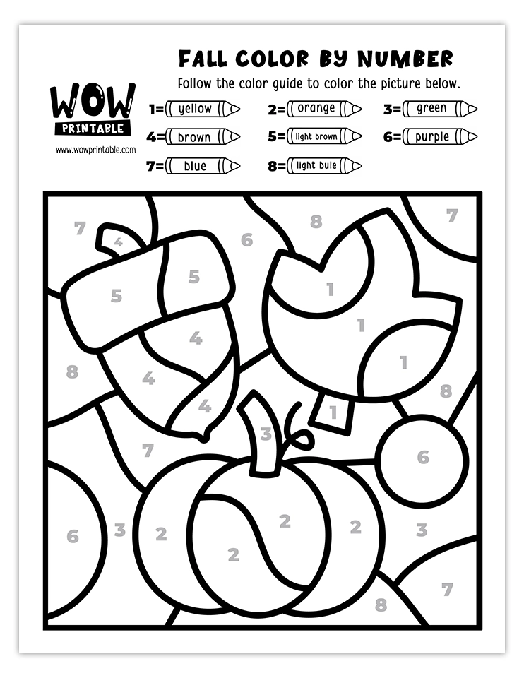 Autumn-themed pumpkin and acorn color by number printable activity.